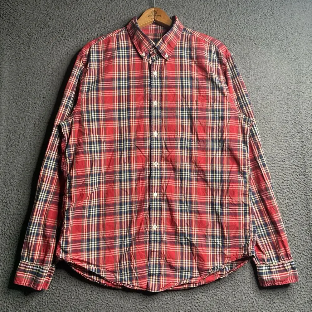 J Crew Lightweight Button Down Shirt Men Large Plaid Long Sleeve Coastal Preppy